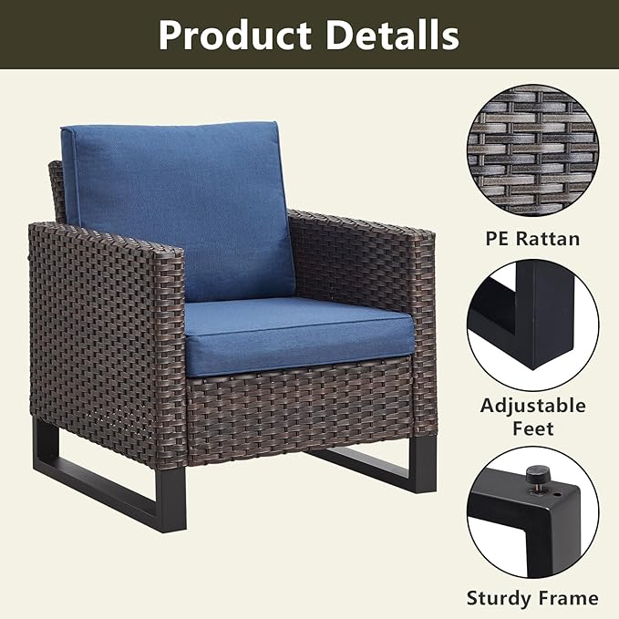 Rilyson Wicker Outdoor Patio Chairs Set of 2-2 Piece Rattan Chairs with Waterproof Wicker,Comfortable Cushions and Sturdy Metal Frame for Outside Porch Deck Backyard(Brown/Blue)