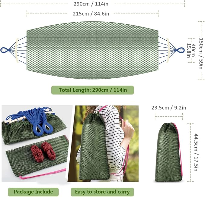 Outerman Camping Hammocks 290 * 150cm(Max 550lb),Breathable Soft Nylon Hammocks with Balance Beam Sturdy Metal Knot Tree Ropes and Travel Bag, Perfect for Outdoor/Indoor Patio Backyard etc.