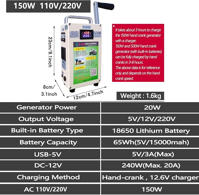 150W Outdoor Emergency Generator, Portable Hand Crank Generator,110v /220v DC12V USB 5V Small Power Supply,for Emergency,Camping,Sudden Power Outages,150W-110V