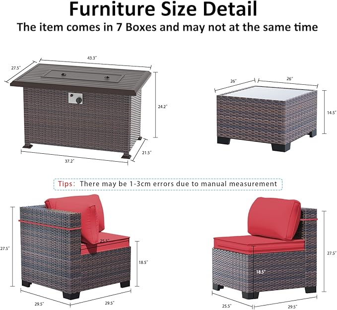Outdoor Patio Furniture Set with Gas Fire Pit Table, 13 Pieces Outdoor Furniture Set Patio Sectional Sofa w/43in 55000 BTU Propane Fire Pit, PE Wicker Rattan Patio Conversation Sets - Red