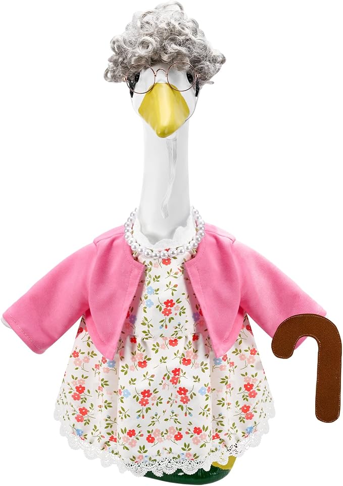 1 Set Old Lady Porch Goose Outfit for 23 Inch Goose Statues | Includes Grandma Goose Clothes with Cane, Silver Wig, Glasses and Faux Pearl Necklace for Summer Yard and Garden Displays