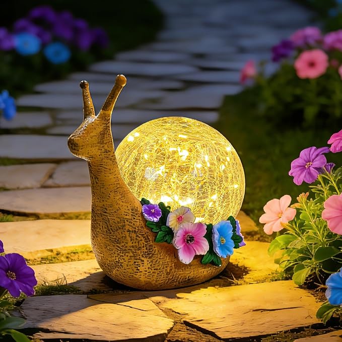 Solar Snail Garden Decorations Outdoor Lights Yard Decor,Resin Fariy Statues Cracked Glass lamp Outside for Backyard Patio Lawn Porch,Unique Gifts for Women Mom Grandma