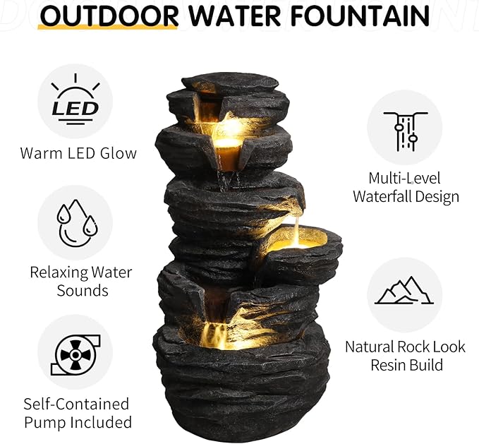 Stacked Rock Outdoor Waterfall Fountain with Warm LED Lights, 25.6" Cascading Water Feature, Weather-Resistant Resin Garden Decor, Self-Contained Pump, No Plumbing Required for Patio Yard Porch