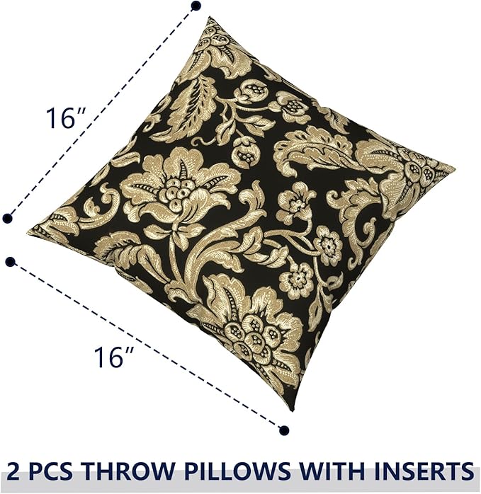 Outdoor Pillows with Insert 16x16 Inch, Waterproof Throw Pillow for Patio Furniture, Decorative Back Cushion for Garden Home Sofa Office Chair, Set of 2, Jacobean Black