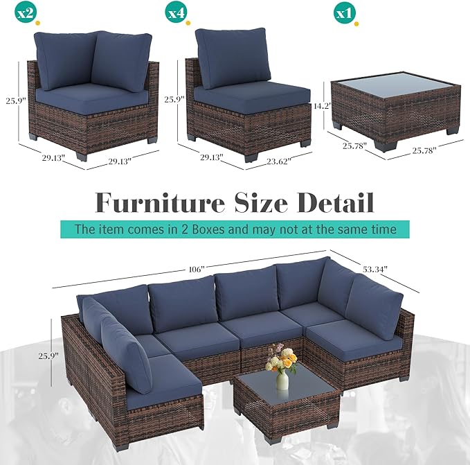 7 Pcs Patio Furniture Set, All Weather Outdoor Sectional Set, Wicker Outside Furniture Patio Sofa Set for Backyards, Porch, Poolside, Garden, Balcony (Brown & Blue)