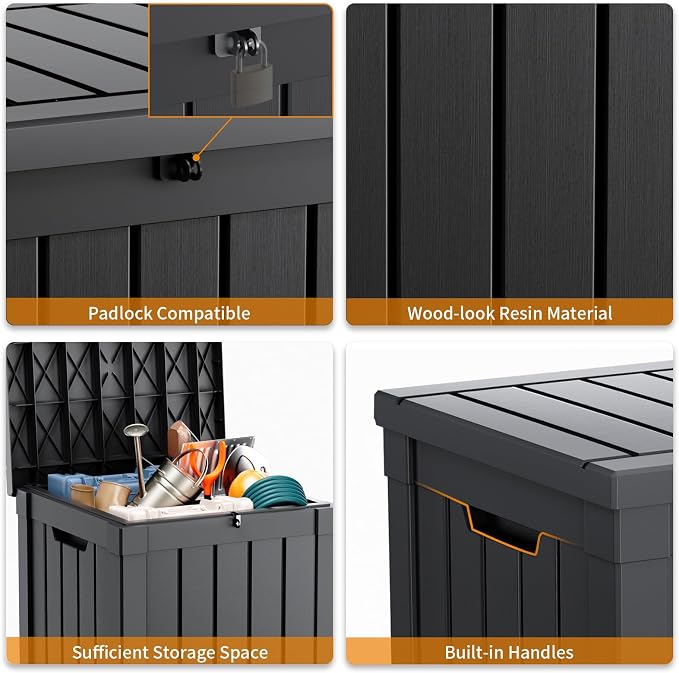 DRATO 51 Gallon Outdoor Storage Box Waterproof, Lockable Resin Deck Box with Lid for Patio Furniture Bench, Pool Garden Tools, Weatherproof Outside Storage Bin for Backyard Porch (Black, 51 Gallon)