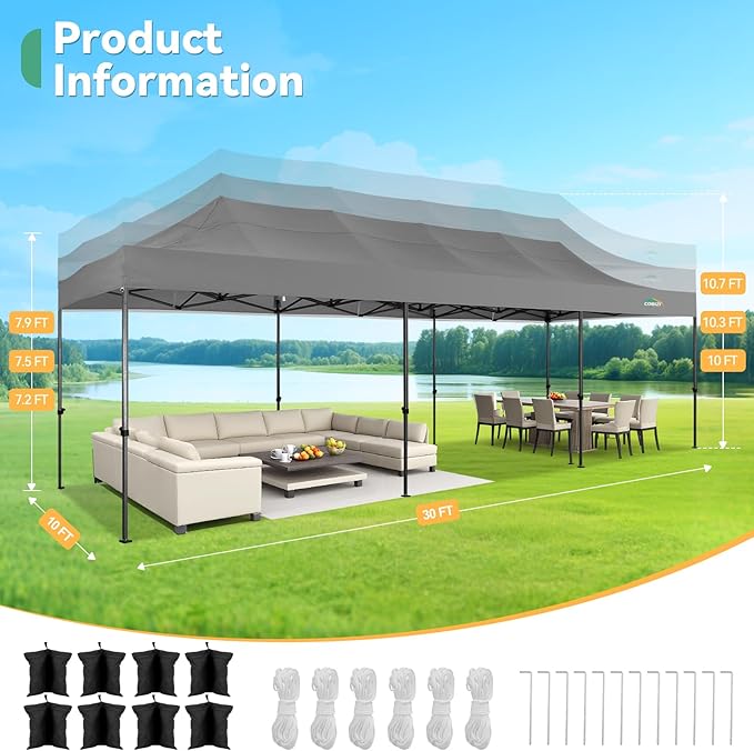 COBIZI 10x30 Pop up Canopy Tent Heavy Duty Without Sidewalls, Easy Set-up Commercial Outdoor Party Tents, 100% Waterproof Wedding Tent Gazebo, 3 Height Adjustable with Wheeled Bag, Gray