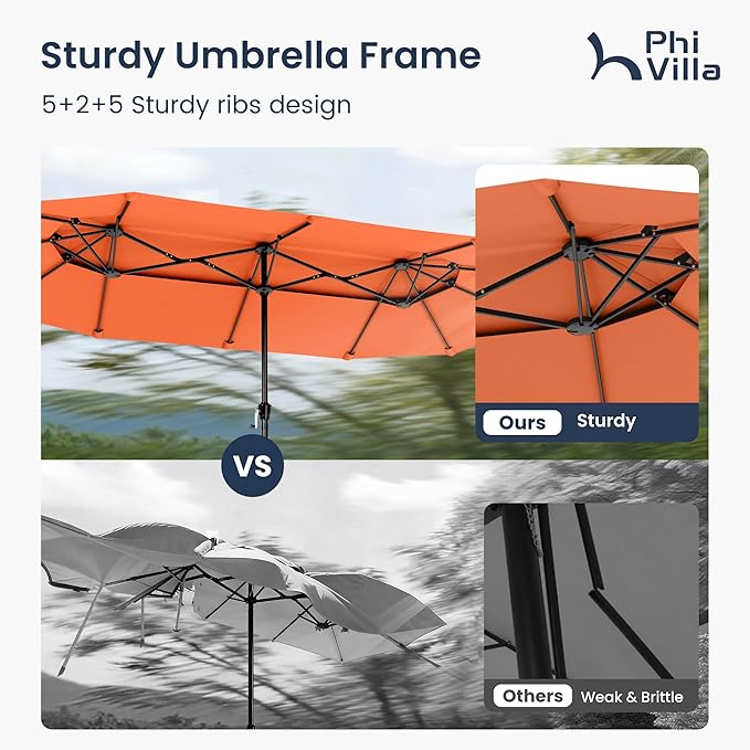 PHI VILLA 13ft Large Patio Umbrellas with Base Included, 2-Tier Double-Sided Outdoor Market Rectangle Umbrella for Outside, Orange Red