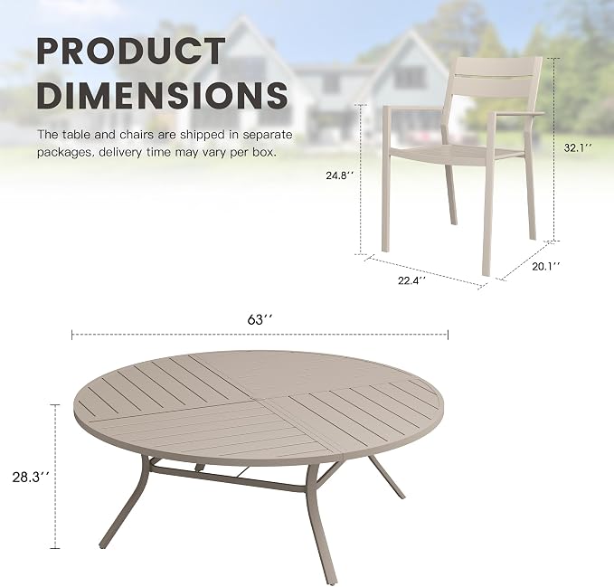 Patio Dining Set for 10, Round 63.1" Patio Dining Table and Stackable Outdoor Dining Chairs Outdoor Furniture for Backyard Porch Deck, Spliced Sandshell Table and Sandshell Chairs