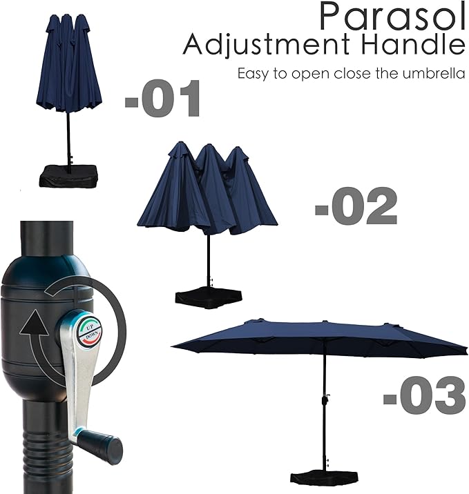Kozyard 15 FT Rectangular Double-Sided Patio Umbrella with Solar Lights, Outdoor Patio Umbrella with Crank Lift, Base Included, UV-Resistant for Pool, Backyard & Garden NavyBlue