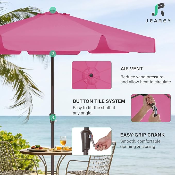 JEAREY 9 FT Patio Umbrella Outdoor, Table Umbrellas Market Umbrella w/Push Button Tilt/Crank, 8 Sturdy Ribs(Rose Pink)
