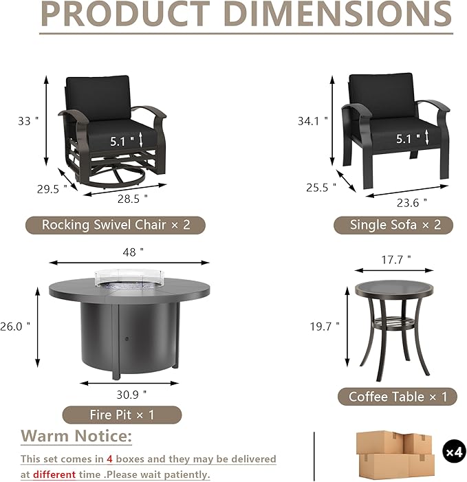 ALAULM Aluminum Patio Furniture Set with 40,000 BTU Round Propane Fire Pit Table 4-seat Metal Outdoor Furniture w/Swivel & Rocking Conversation Set for Patio, Lawn, Poolside（Black