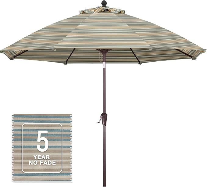 MASTERCANOPY Olefin 5-Year-Non-Fading 9ft Patio Umbrella with Tilt and Crank, Large UV Resistant Outdoor Table Umbrella with 8 Fiberglass Ribs for Deck, Yard & Market, Brown & Beige Multi-Stripes