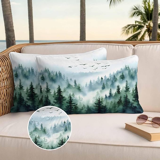 Bird Fog Forest Outdoor Waterproof Throw Pillow Covers Set of 2, 20"x12", Abstract Spring Dark Green Forest Tree Mystery Watercolor Decorative Pillow Covers Outside Cushion Case for Patio Porch Garden