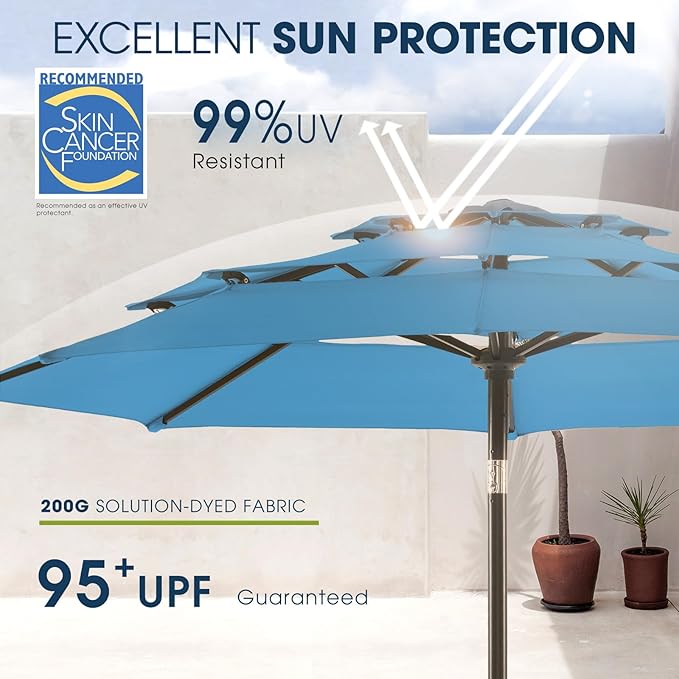 wikiwiki 9ft 3-Tier Patio Umbrella Outdoor Table Market Umbrella for Patio with Push Button Tilt/Crank, Fade Resistant Waterproof POLYESTER Canopy for Garden, Lawn, Deck, Backyard & Pool, Sky Blue