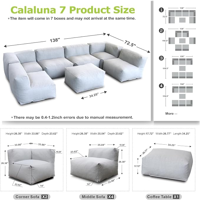 Patio Furniture Set Bean Bag Outdoor Chairs Sectional Conversation Patio Set Daybed Furniture Outdoor Sofa Couch High Density Foam Filling Modern Comfy Patio Couch (Light Gray), A01-7G