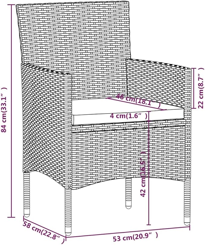 3 Piece Garden Dining Set Modern Black and Gray PE Rattan Patio Bistro Set with Square Table and 2 Chairs Cushioned Outdoor Conversation Furniture Set for Balcony Backyard