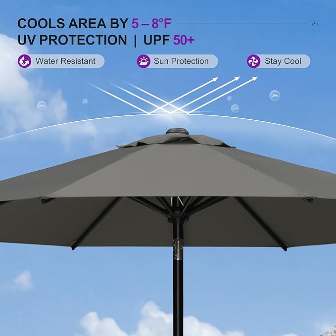 PURPLE LEAF 9' Round Patio Umbrella with Solar LED Outdoor Table Umbrella Aluminum Frame Market Umbrella with 8 Sturdy Ribs & Tilt for Garden Deck Lawn Pool Gray
