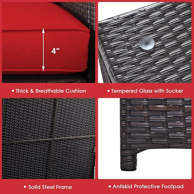 Tangkula 6 Pieces Patio Wicker Furniture Set with 32 Inches Propane Fire Pit Table and Tank Holder, Outdoor Conversation Set with Storage Box and Coffee Table, 2 Waterproof Covers Included (Red)
