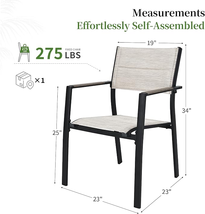 Outdoor Patio Dining Chairs Set of 2, Light Weight Aluminum Frame with Textilene Fabric & Wood-Like Armrest, 275 LBS Capacity, Outdoor Stackable Chairs for Poolside Lawn Garden, Grey Armrest