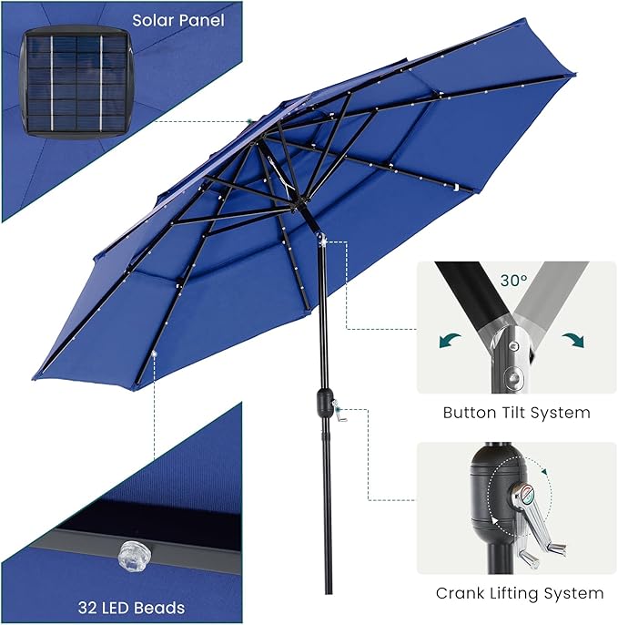 DUMOS 10FT 3 Tier Patio Umbrella with 32 LED Lights, Outdoor Patio Umbrella with Crank, Table Umbrellas 8 Sturdy Ribs for Pool, Market, Terrace, Beach, Outdoor Restaurant, Blue