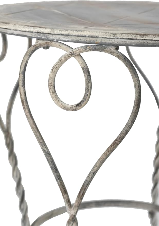 Heart Iron Side Table, Distressed Silver 26x26x30 in | Distressed silver iron, heart swirl design, twisted legs, round lower ring shelf, 2-tier, assembly required