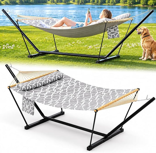 Heavy Duty Double Hammock with Stand, 450 LBS Capacity, Portable Frame