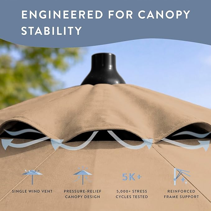 California Umbrella 8-Year Protection 9 Ft Outdoor Patio Umbrella, Solstice Fade-Resistant Fabric, Auto-Tilt, Heavy Duty Aluminum Frame, 8 Reinforced Ribs for Pool or Deck, Black Pole, Antique Beige
