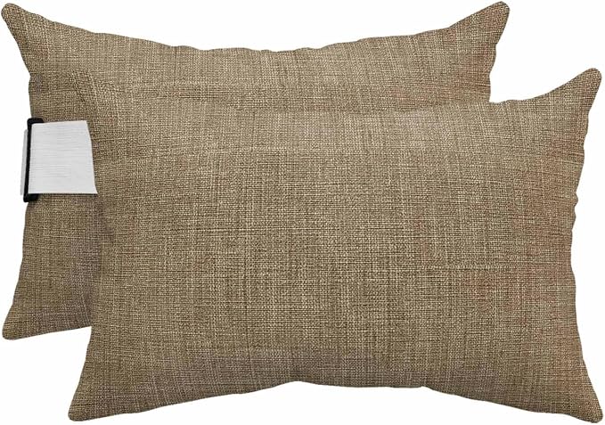 Brown Outdoor Lumbar Pillows 12x20 Set of 2, Farmhouse Burlap Solid Beige Color Modern Linen Texture Waterproof Throw Pillow Covers with Insert, Decorative Support Pillows for Lounge, Chaise