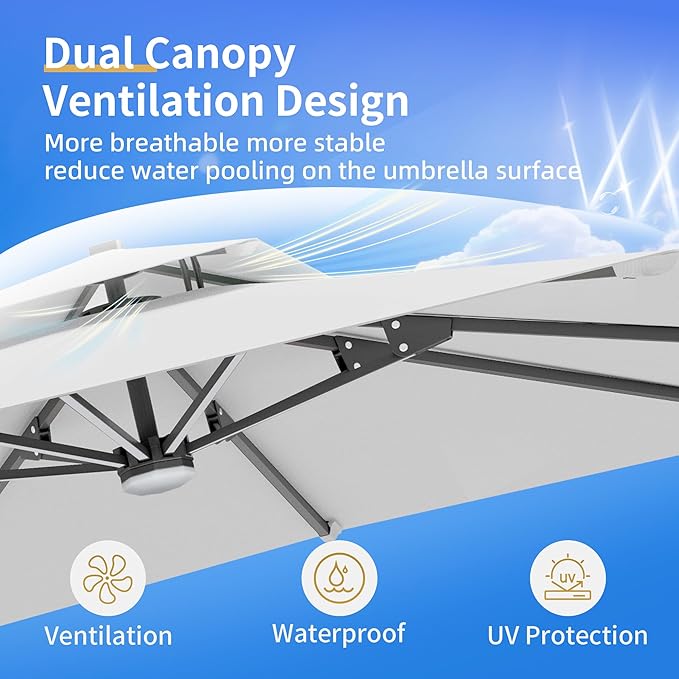 10 X 13 FT Cantilever Patio Umbrella with Base Included & Led Lights Outdoor Rectangle Offset Large Double Top Heavy Duty Umbrellas 360°Rotation for Pool Deck Backyard,Fog Gray