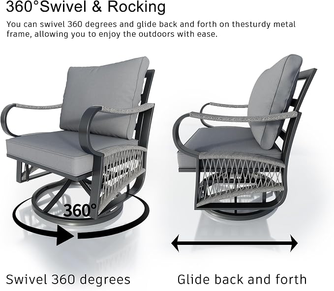 7 Pieces Patio Conversation Sets, All Weather Metal Outdoor Furniture Set Includes 2 Swivel Rockers with Side Table and Loveseat with Coffee Table 2 Single Chairs for Backyard Garden Deck Porch, Gray