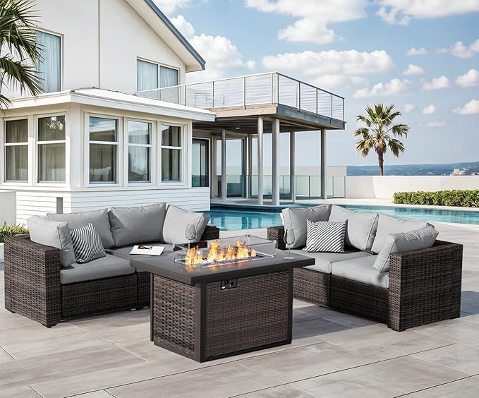 Patio Furniture Set with Fire Pit Table 5 Piece All Weather PE Rattan Outdoor Sectional Sofa Couch with 4 x arm Sofa, No-Slip Cushions for Garden, Poolside, Backyard (Gray)