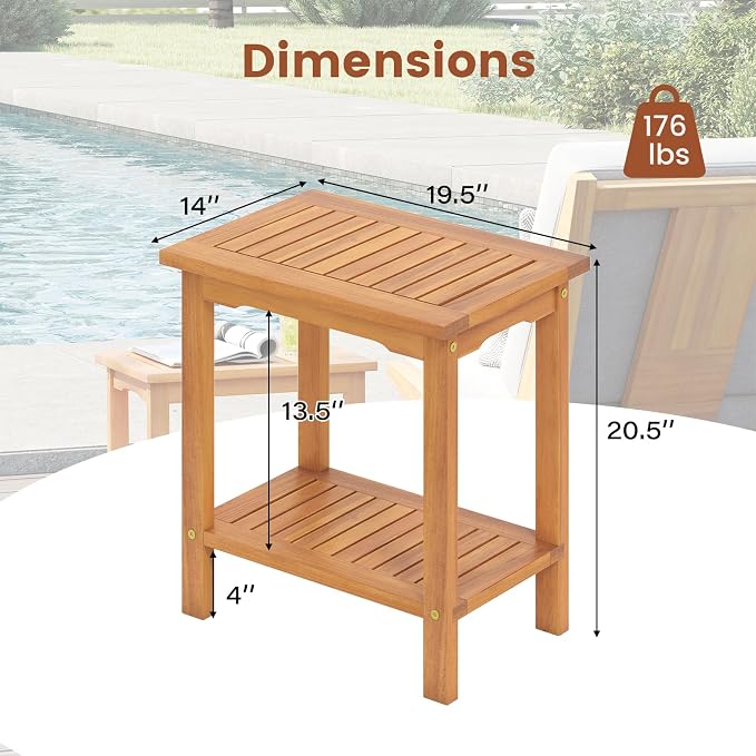 HAPPYGRILL Acacia Wood Patio Side Table, 2-Tier Accent Table with Slatted Tabletop & Storage Shelf, Wooden End Table for Living Room Poolside Balcony Porch (1)