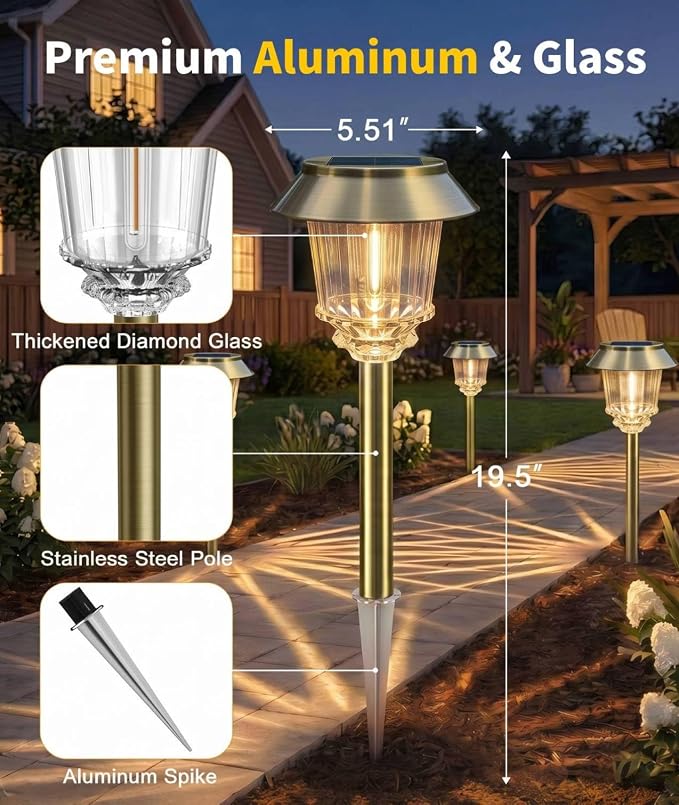 XMCOSY+ Solar Outdoor Lights, 6 Pack Solar Powered Landscape Lighting Path | 10-40 LM Dimmable Warm White Lighting 12H Auto On/Off All-metal & Aluminum Waterproof dor Landscape Lighting Garden Lights