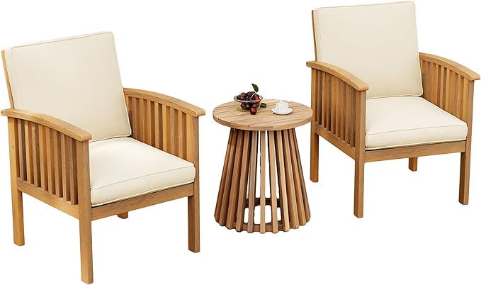 Christopher Knight Home Kiin 3 Pieces Outdoor Patio Furniture Set, Acacia Wood Patio Conversation Set, Side Table and Club Chairs with Cushion for Garden Backyard Balcony, Brown + Cream + Light Teak