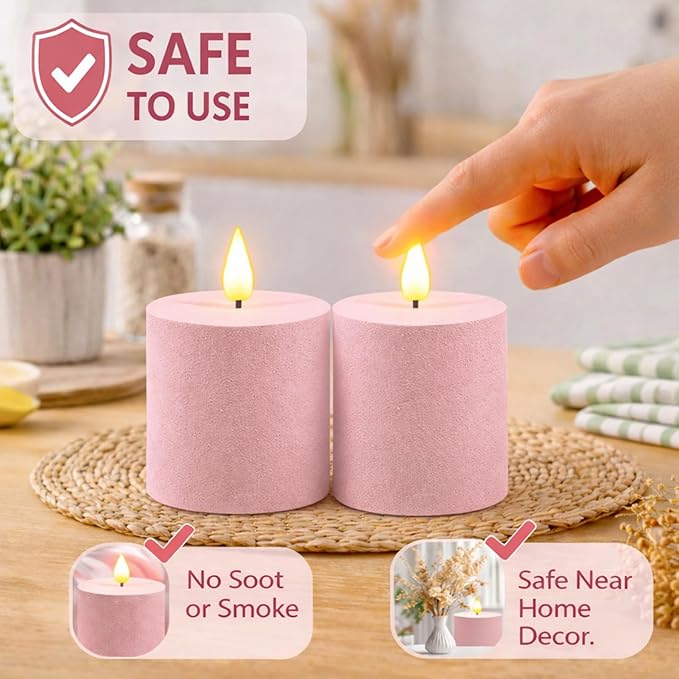 smtyle Pink Flameless Candles Battery Operated Fake Candles 3x3 Inch Sculptural Frosted Texture LED Flickering Minimalist for Home Bedroom SPA Birthday Party Wedding Decor