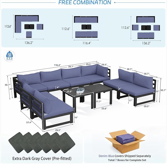 NICESOUL 10 Piece Large Luxury Aluminum Patio Conversation Set, 29" Deep Wide Comfortable Sitting, L Shaped Modular Sectional Couch, 500 lbs Heavy Duty All Weather Outdoor Sofa for Garden, Denim Blue