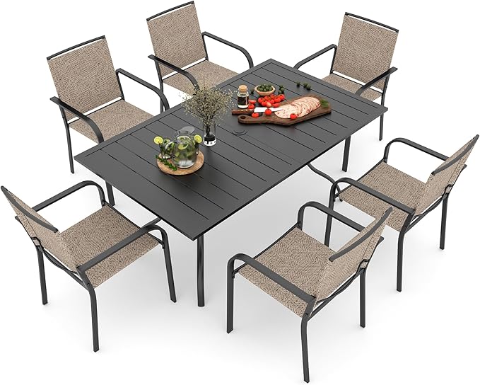 Anmutig 7-Piece Outdoor Patio Dining Set, 6 Stackable Patio Chairs & Rectangular Dining Table with All Weather Frame Furniture Set - 63" x 38" Beige Gray
