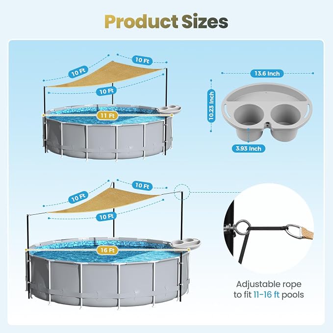 Above Ground Pool Shade Canopy Set - Triangular UV-Resistant Sunshade with Storage Tray & Support Poles, Outdoor Backyard Sun Shade Cloth for 11-16Ft Swimming Pools and Decks (10x10x10 Ft)