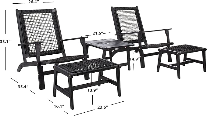 SAFAVIEH Outdoor Collection Chantelle Acacia Wood Woven Rattan 5-Piece Patio Set PAT7076C, Black/Black