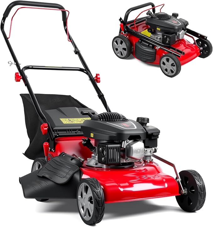 131cc Self Propelled Lawn Mower |18 Inch DV130 Engine Push Lawn Mower | 3 in 1 Rear-Wheel Drive LE11132-46A3 | Low Noise and Fuel-Efficient for Yard Garden Red