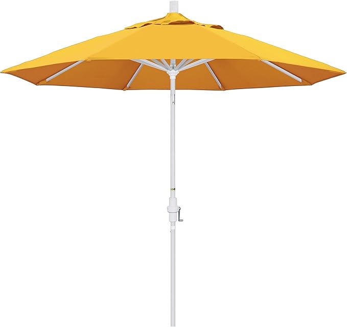 California Umbrella 9' Round Aluminum Patio Umbrella, Crank Lift, Collar Tilt, White Pole, Sunflower Yellow