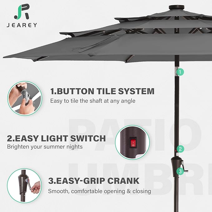 JEAREY 3 Tiers Patio Umbrella with Solar Lights 9ft Outdoor Market Table Umbrellas with Push Button Tilt for Outside Pool Garden, Gray