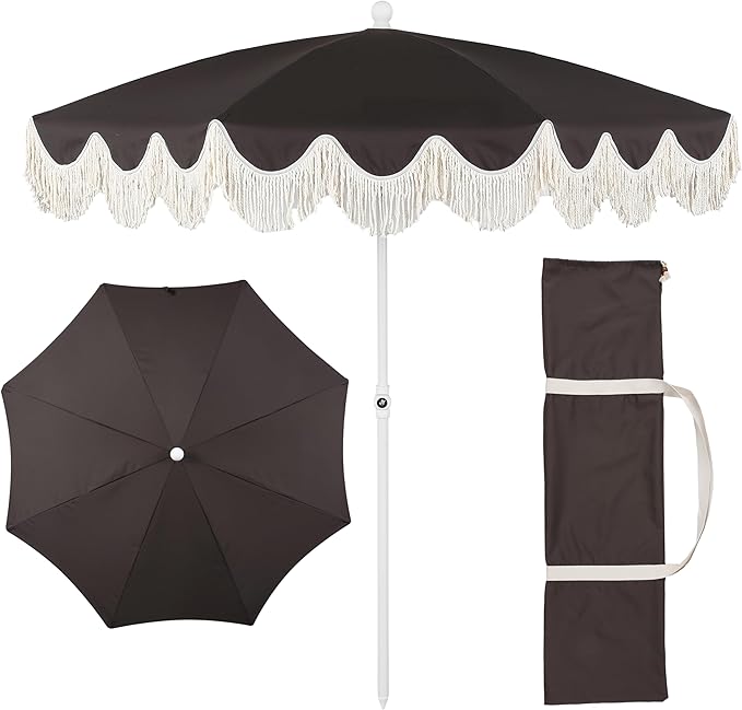 JONATHAN Y Mariner 6.5 ft. Beach Umbrella, Black Solid with Fringe, Push-Button Tilt, UPF 50+ Sun Protection and Carrying Bag for Patio and Pool, White Pole UMB1005R