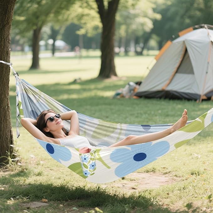 Spring Minimalist Blue Floral 330lb Capacity Camping Hammock with Hanging Ropree Hammock for Outside Patio Garden hamaca inflable para Piscina