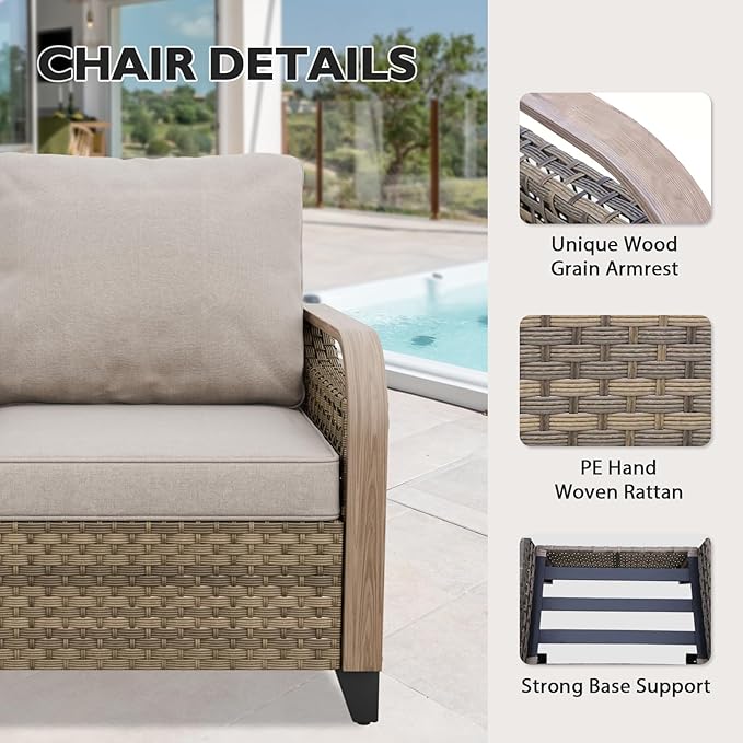 EAGLE PEAK Modern Wicker Outdoor Patio Furniture Set, Patio Conversation Set, 2 Chairs, 2-Seat Loveseat, 2 Ottomans and Coffee Table, 6 Pieces, Brown/Gray