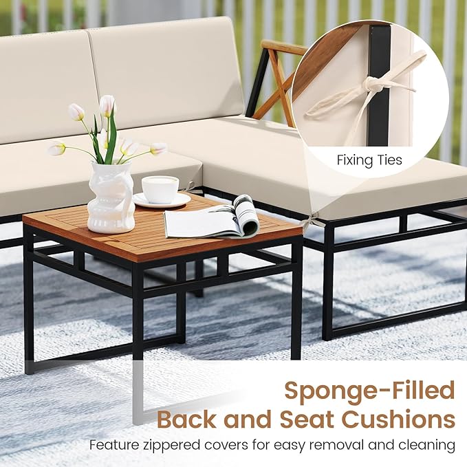 Tangkula 3 Pieces L-Shaped Outdoor Furniture Set, Acacia Wood Patio Sectional Cushioned Conversation Sofa with Square Coffee Table, for Porch, Backyard & Poolside (Beige)
