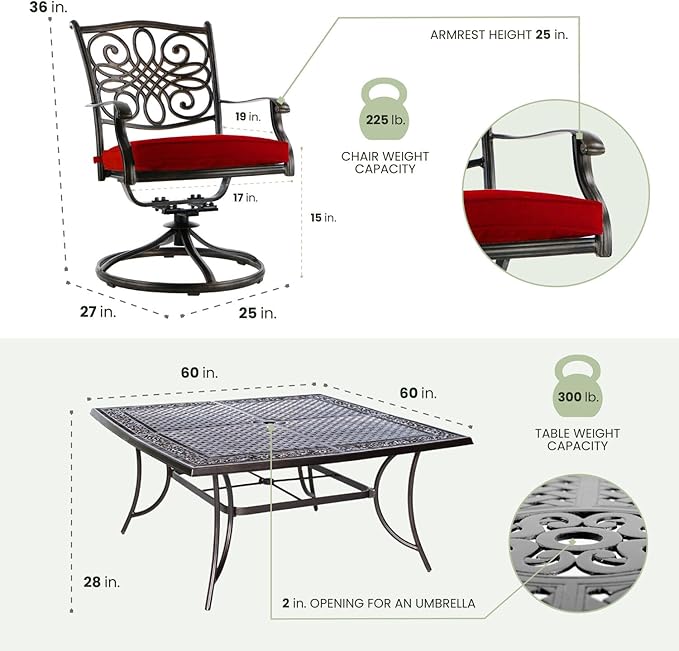 Hanover Traditions 9-Piece Patio Dining Set, Rust-Free Aluminum Outdoor Dining Set with Autumn Berry Cushions, 8 Swivel Rockers and Aluminum Square Dining Table, All-Weather Outdoor Dining Set for 8