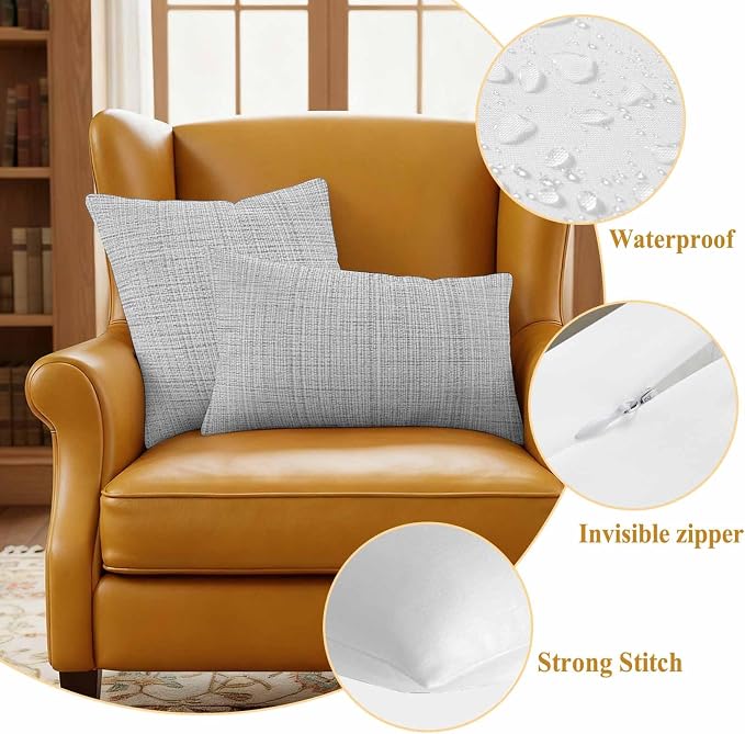 Outdoor Waterproof Throw Pillow Covers Set of 2 Grey Linen Texture Pillowcases 16x16 Inches Solid Color Decorative Pillows Cushion Case Patio Pillows for Couch Bed Chair Garden