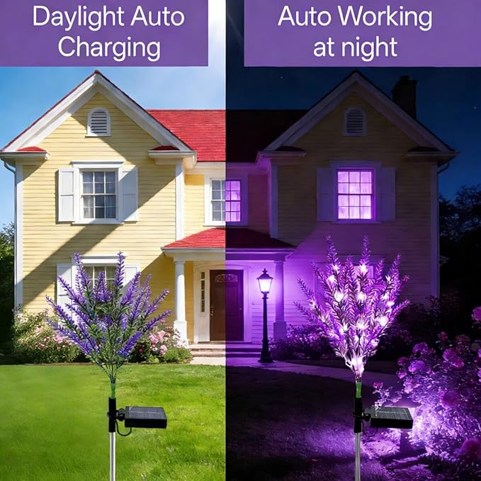 Lavender Solar Garden Lights, 4 Pack Outdoor Waterproof Artificial Flowers, Solar Powered Décor for Yard Pathway Patio Lawn, Halloween Thanksgiving Gifts (112-Light Purple LED)